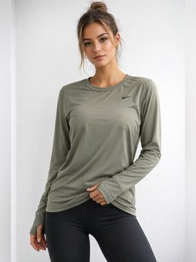 Nike One Dri-FIT Long Sleeve Top Olive Green Thumbholes  size XL Athletic